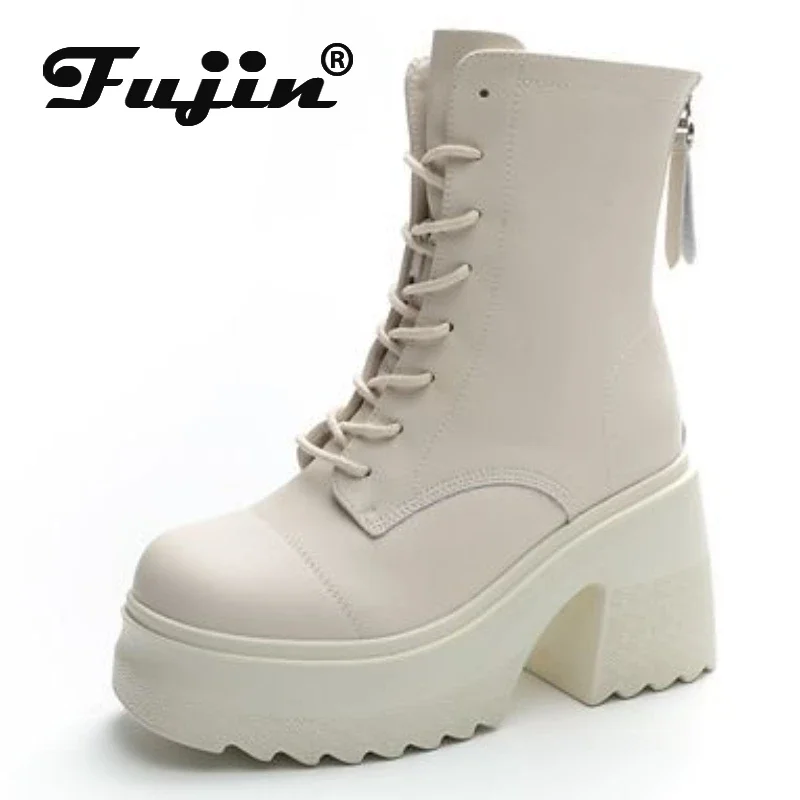 Fujin 10cm Genuine Leather Summer Ankle Boots Motorcycle Autumn Cushioned Platform Wedge Spring Women Shoes Female Booties