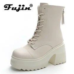 Fujin 10cm stivaletti estivi in vera pelle moto autunno piattaforma imbottita zeppa primavera scarpe da donna stivaletti femminili