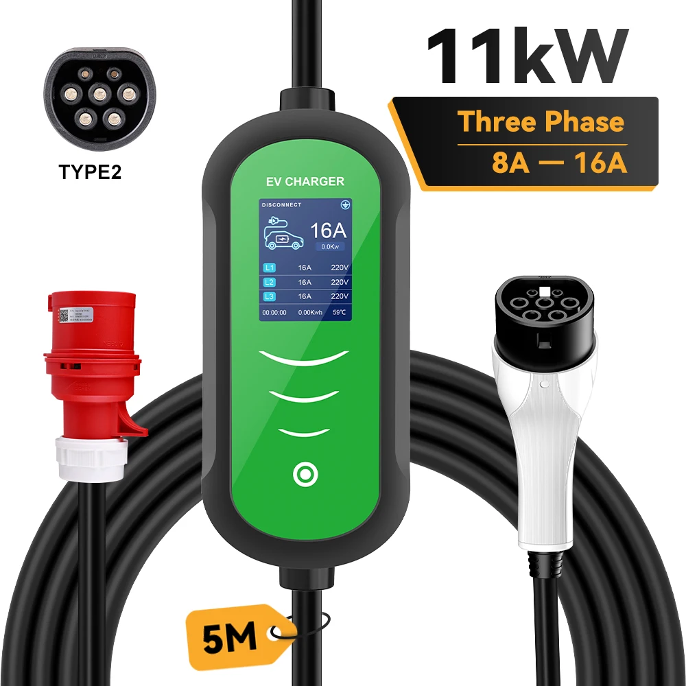 JDMEX 11KW Tragbares EV-Ladegerät Typ 2 5M Kabel 16A 3-Phasen IEC62196-2 EVSE Ladebox Einstellbarer Strom CEE-Stecker Set Ladezeit