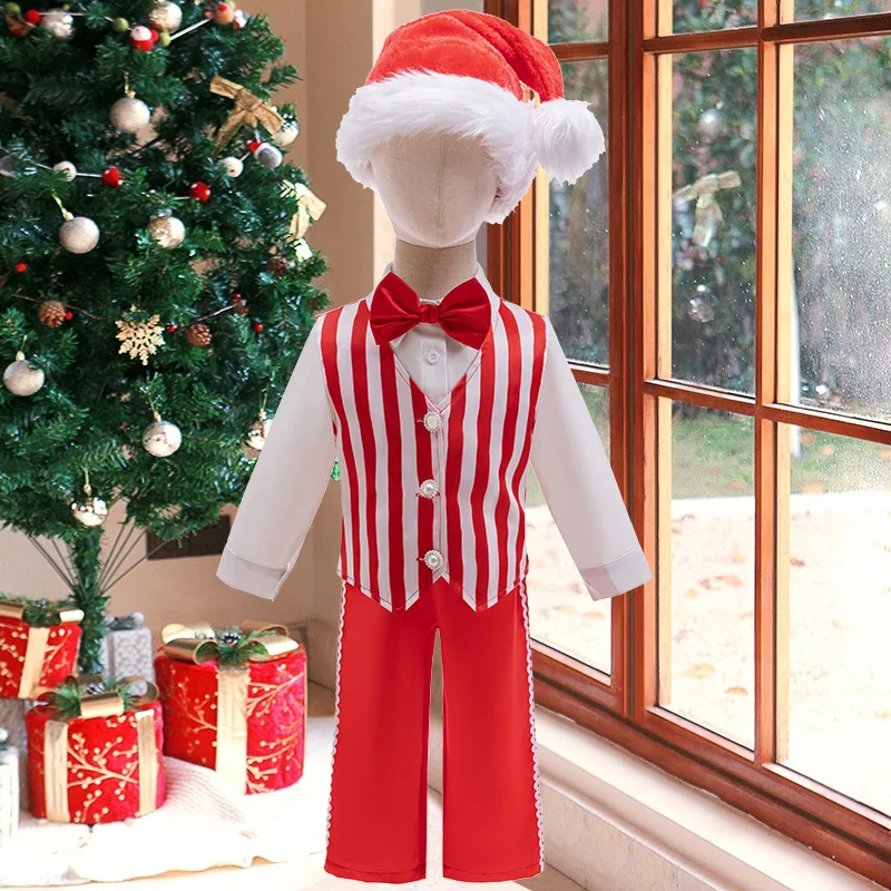 2025 New Children\'s Christmas Costumes Children\'s Striped Gentleman Suit Carnival Christmas Stage Costumes Baby New Year Clothes