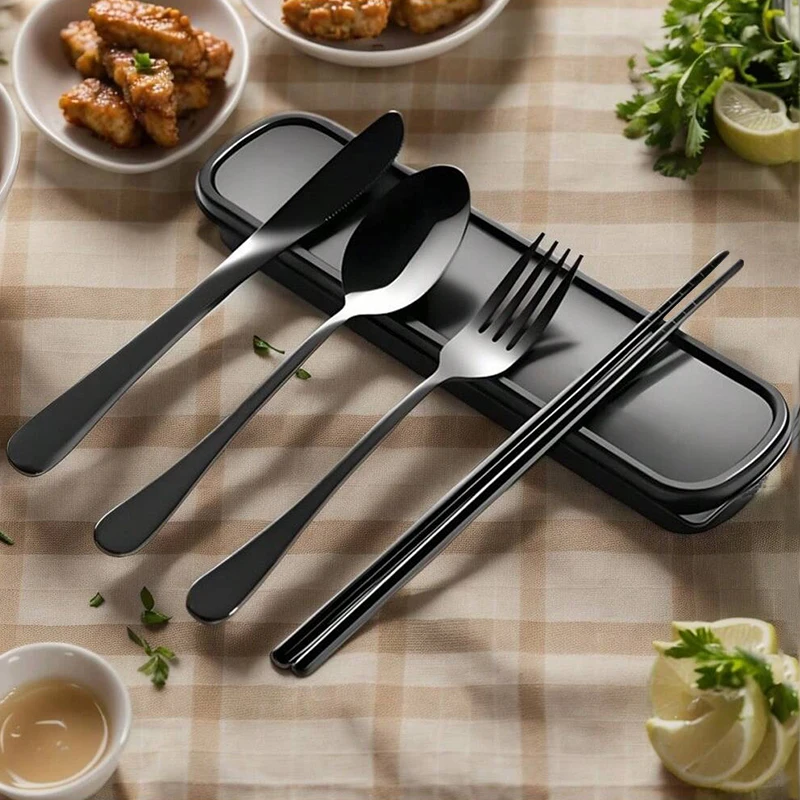 

Utensils With Case Stainless Steel Travel Cutlery Set Portable Silverware Fork Spoon Tableware Camping Picnic Work School Lunch