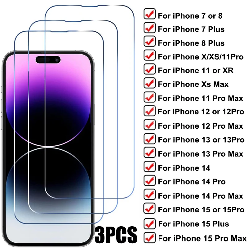 3PCS Tempered Glass For iPhone 15 14 13 12 11 Pro Max 7 8 Plus Screen Protector For iPhone X XS Max XR Protective Glass Film