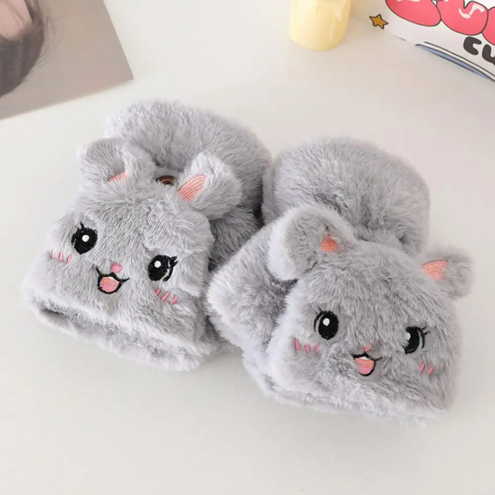 

1 пара женских плюшевых перчаток без пальцев с кроликом, теплые толстые зимние трансформируемые перчатки с откидной крышкой, перчатки с мультяшным кроликом, варежки с половиной пальца