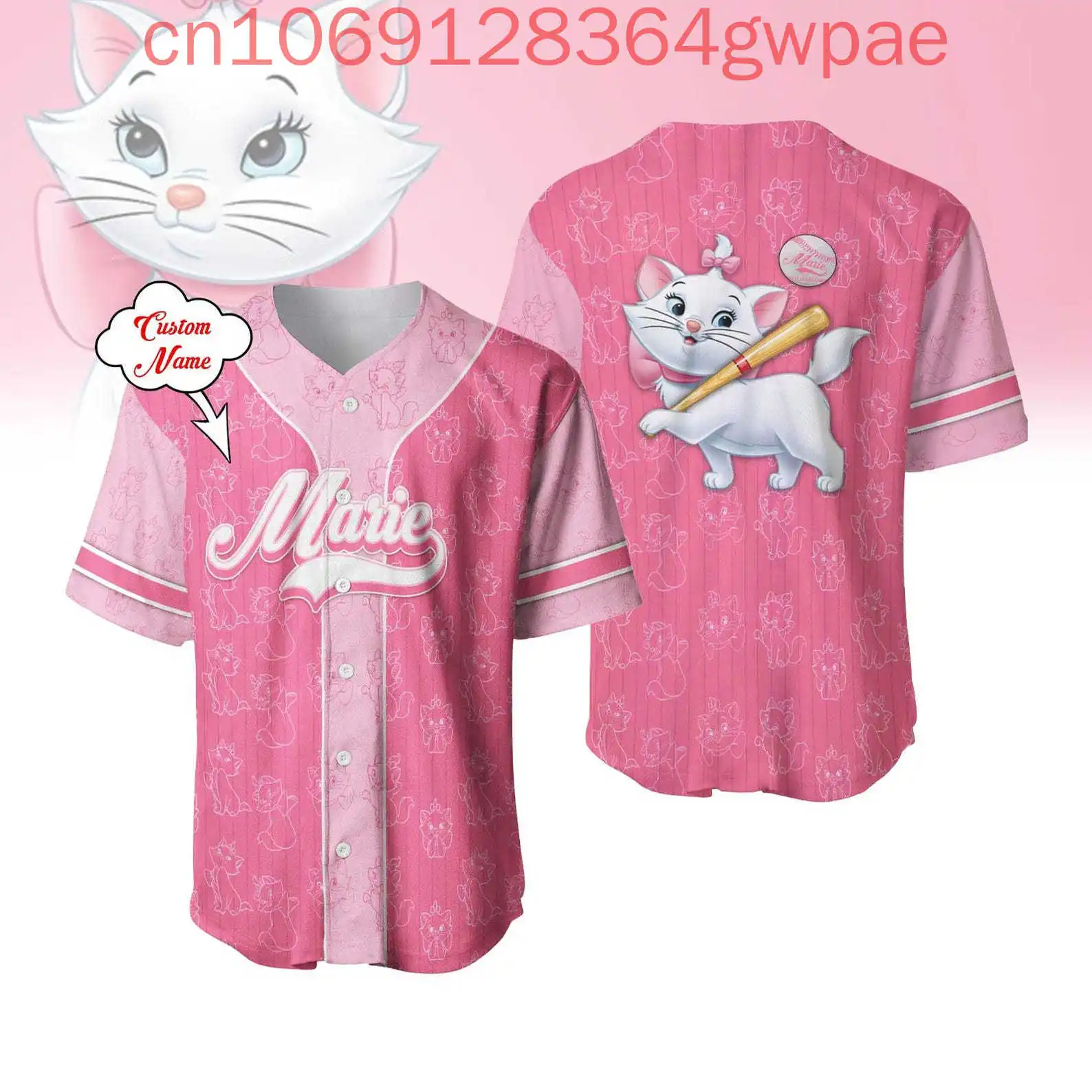 كارتون ديزني ماري كات البيسبول جيرسي قميص الرجال النساء الاطفال زي بيسبول قمم الصيف عارضة قصيرة الأكمام قميص البيسبول