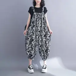 Large Size Printed Rompers New Summer Korean Loose Casual Jumpsuit Women Wide Leg Suspender Overalls Pants Ladies Rompers