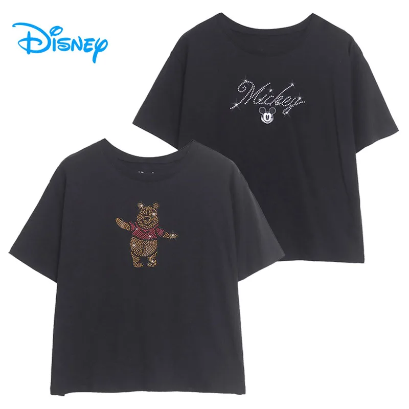 Disney Mickey Embroidery Short T Shirt Pooh Rhinestone Cartoon Tee O Neck Women Casual Pullover Tops TShirt Female Streetwear