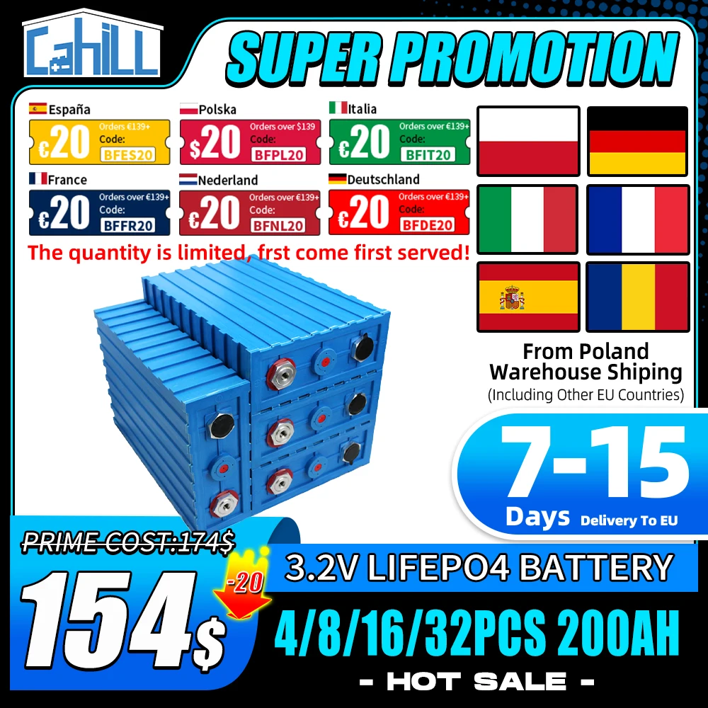 200Ah Lifepo4 Battery 3.2V Rechargeable Lithium iron phosphate Batterie For DIY 12V 24V 48V RV EV Boat Solar Camping Cell No Tax