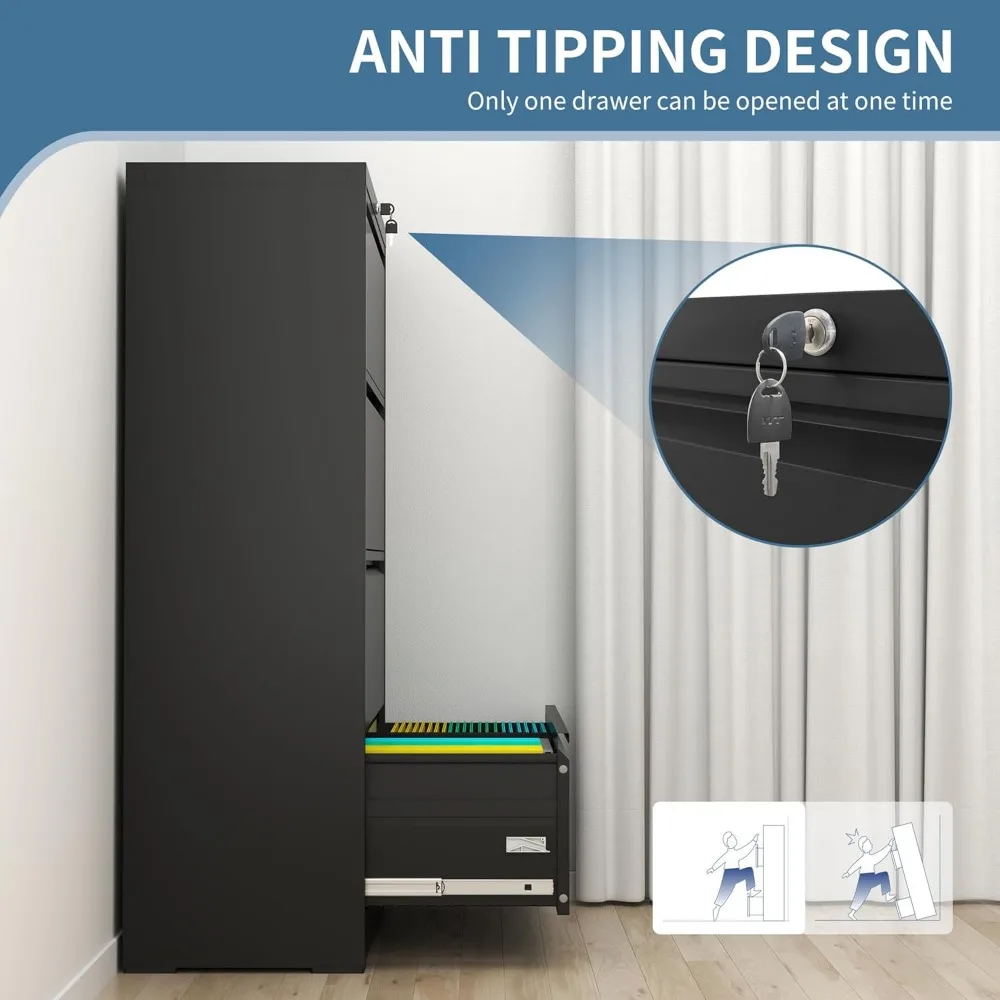 خزانة ملفات جانبية معدنية مع قفل، خزانة ملفات فولاذية ذات 4 أدراج للمكتب المنزلي، خزانة تنظيم واسعة للتخزين