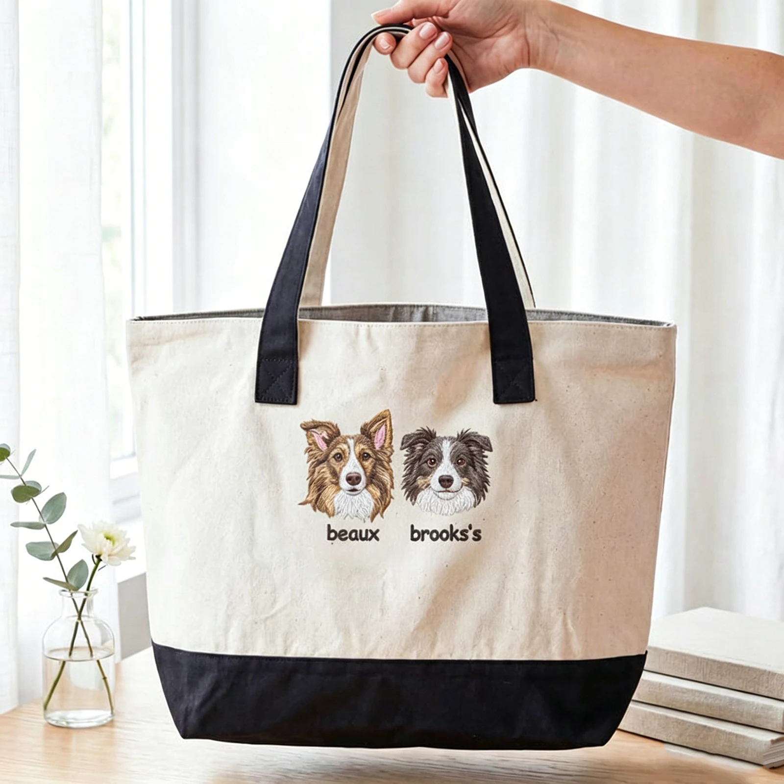 

Custom Tote Bag Personalized Pet Portrait Canvas Tote Double Side Print Dog Cat Mom Gift Large Capacity with Inner Pocket