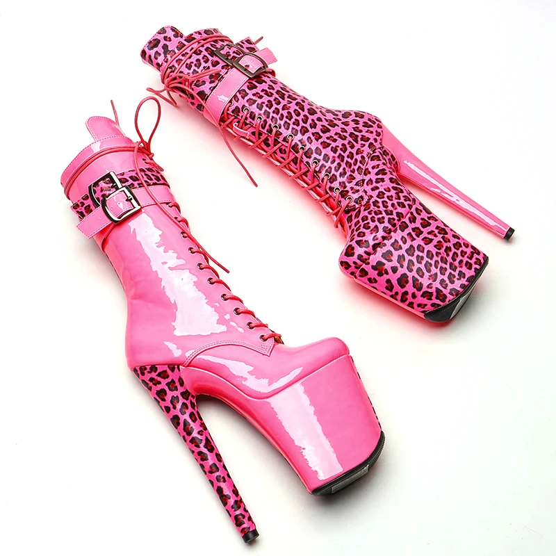 Leecabe 20cm/8inches   Patent PU With Leopard Upper Fashion  High Heel platform   Pole Dancing boots