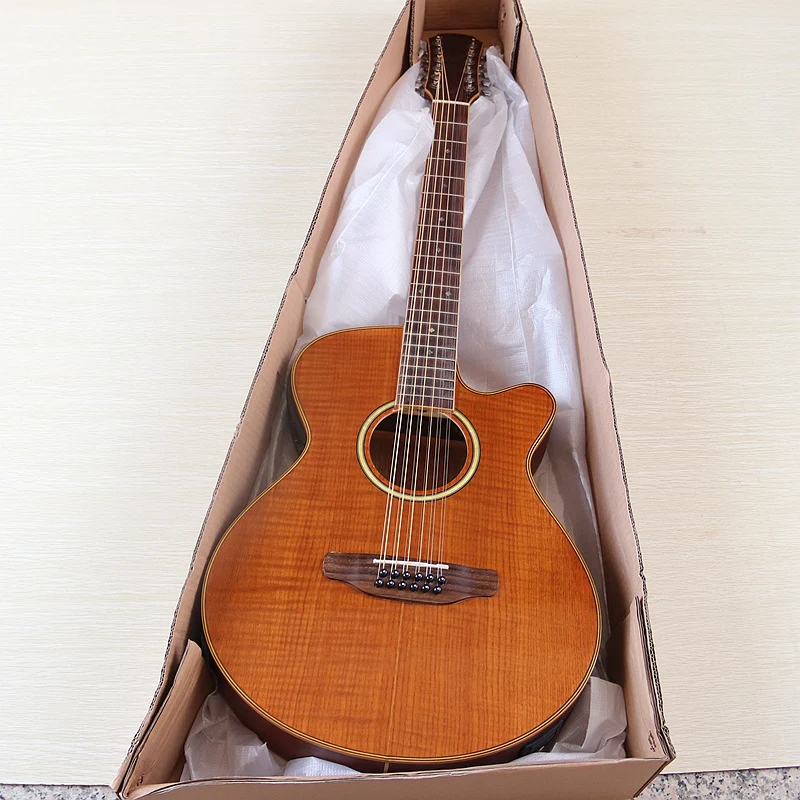 12弦エレクトリックアコースティックギター フレイムオークトップ 40インチ カッタウェイデザイン EQ付き フォークギター 欠陥あり ブラウン&サンバースト&レッド