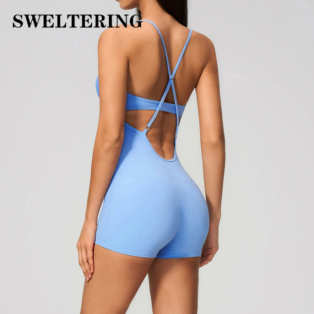 Women's Backless One-Piece Yoga Jumpsuits Short Gym Clothing Workout Rompers Female Tracksuits Fitness Overalls Sports Bodysuits