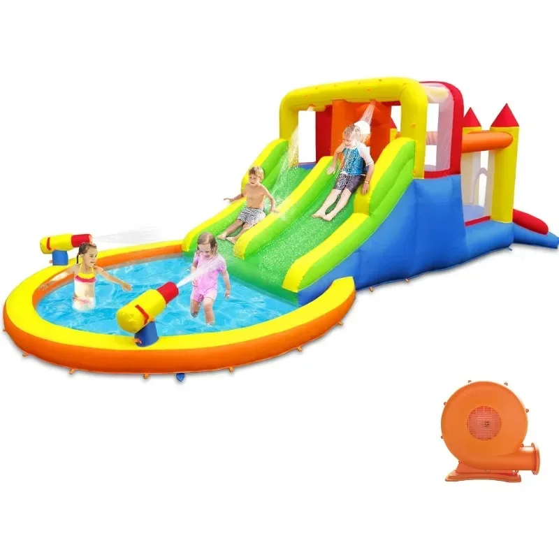 

InfIatable Bonuce House with 4 Slides & Large Splash Pool, Water Park Surprise Water Sprayers for 3-10 yr Kids