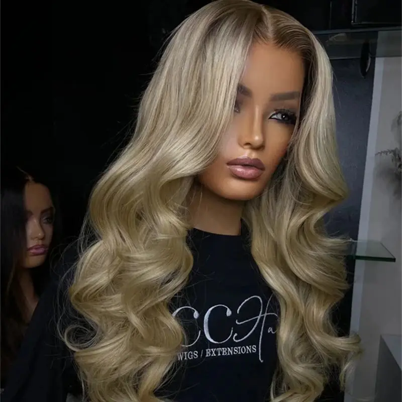 High Quality Wig Ombre Light Golden Blonde Balayage Synthetic HD Lace Front Wig with Natural Root Human Hair Bend Synthetic Hair