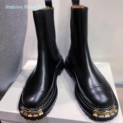 Surkova stivali Chelsea con suola spessa in stile britannico donna ragazze punta tonda suola dentellata stivaletti primavera autunno stivali moderni neri