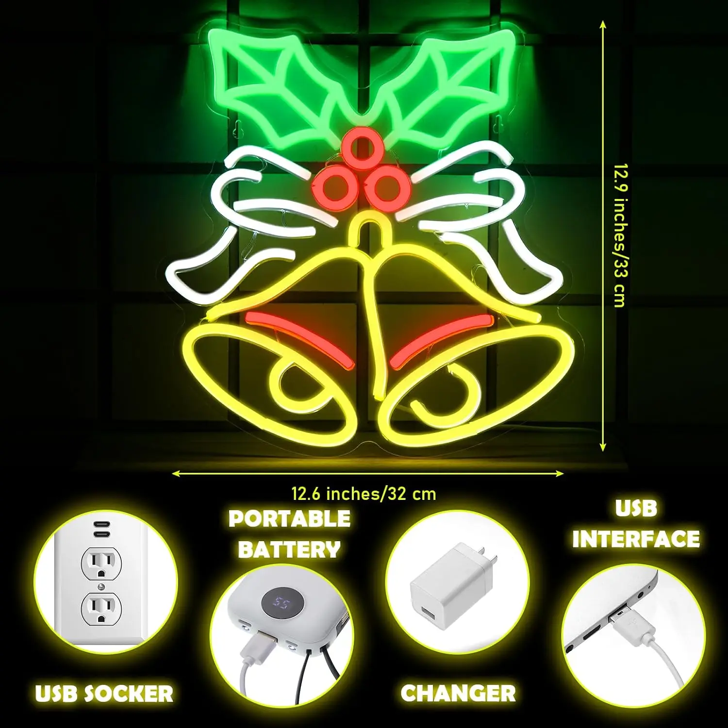 Christmas Bells LED Neon Sign USB Wall Light Xmas Winter Decor for Bar Cafe Shop Window Home Party Festive Atmosphere Lamp Gift