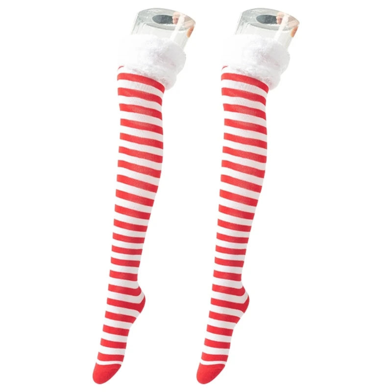 Christmas Thigh High Socks Holiday Elf Striped Over Knee Stockings for Women