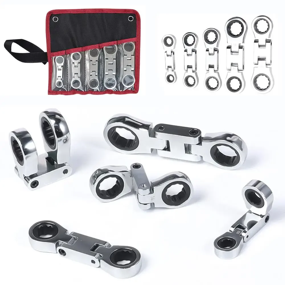5-Piece Flex-Head Stubby Ratcheting Combination Wrench Set, Mini Wrench Set, Double Box End Flex-Head, Mini Spanner Set