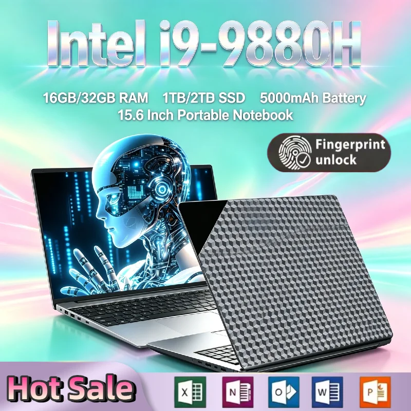 Intel i9 9880H 15.6 Inch Laptop 8C 16T 2.3GHz 4.8GHz Turbo Fingerprint Backlit Keyboard Ultra Slim Office Study High Performance