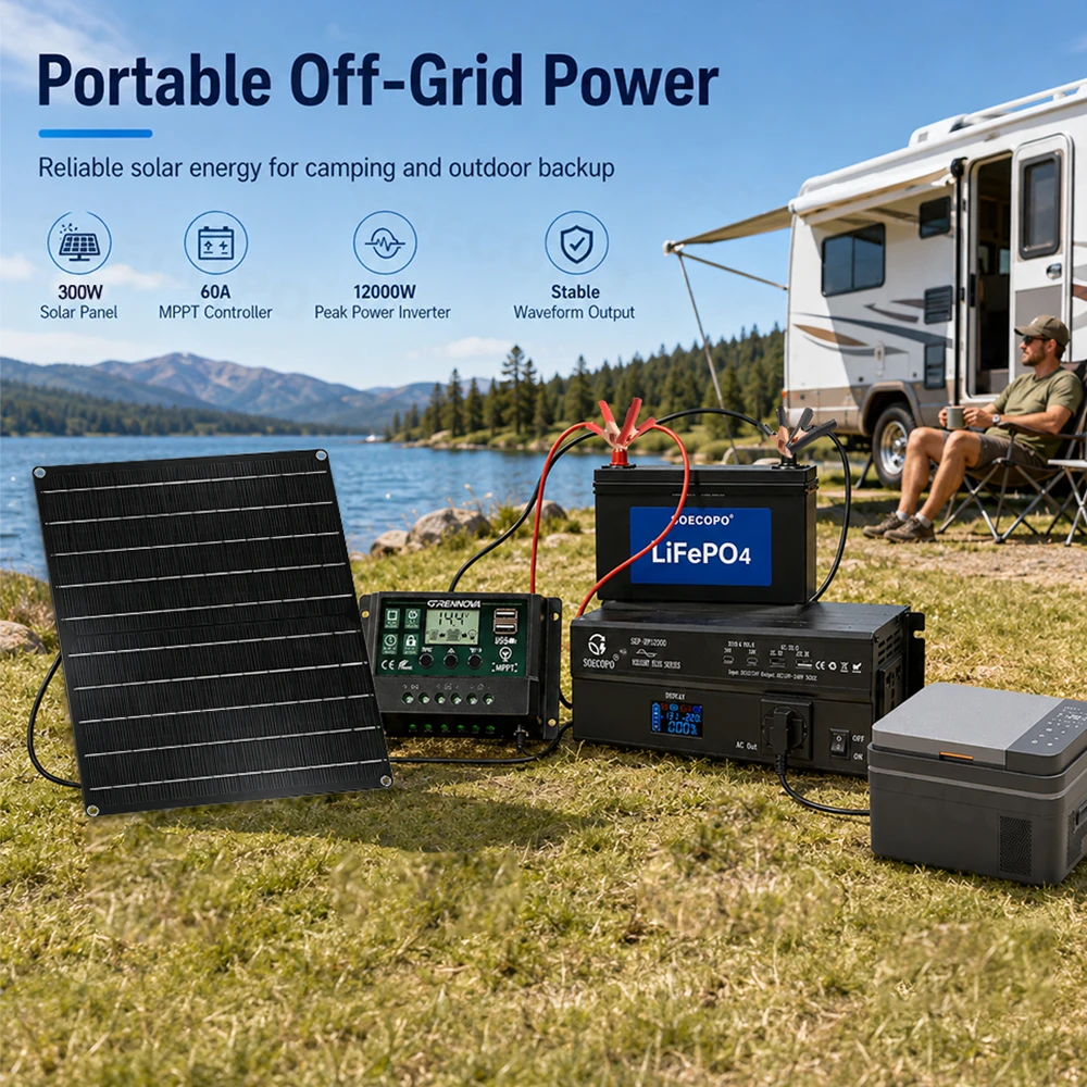 Emergency Power SOECOPO 12000W Kit Efficient Inverter 300W Panel 60A MPPT Controller for Car Solar Charger Travel Standby Power