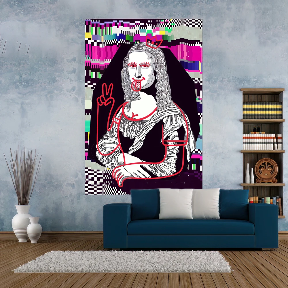 Mona Lisa Graffiti Tapestry Wall Hanging Carpets Funny Printed Room Decor Polyester Blanket Beach Mat Dormitory Backdrop