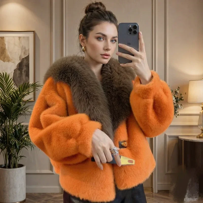 Women' Big Fur Collar Navy Collar Thickened Thermal Jacket Temperament Commuter New European Mink Imitation Mink Fleece Fur Coat