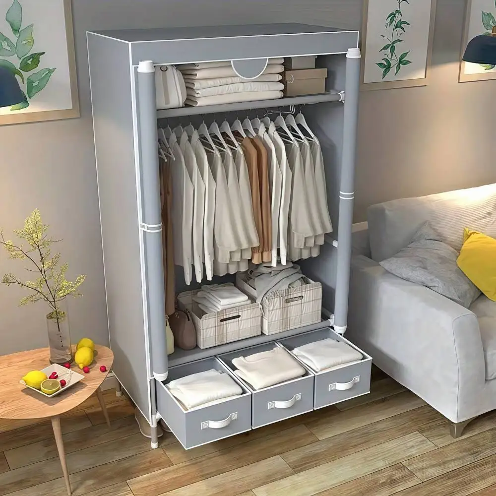Tragbarer Kleiderschrank mit Rolltür und Kleiderstange, Vliesstoff-Aufbewahrungsorganizer - 170cm*90cm*45cm (Grau)