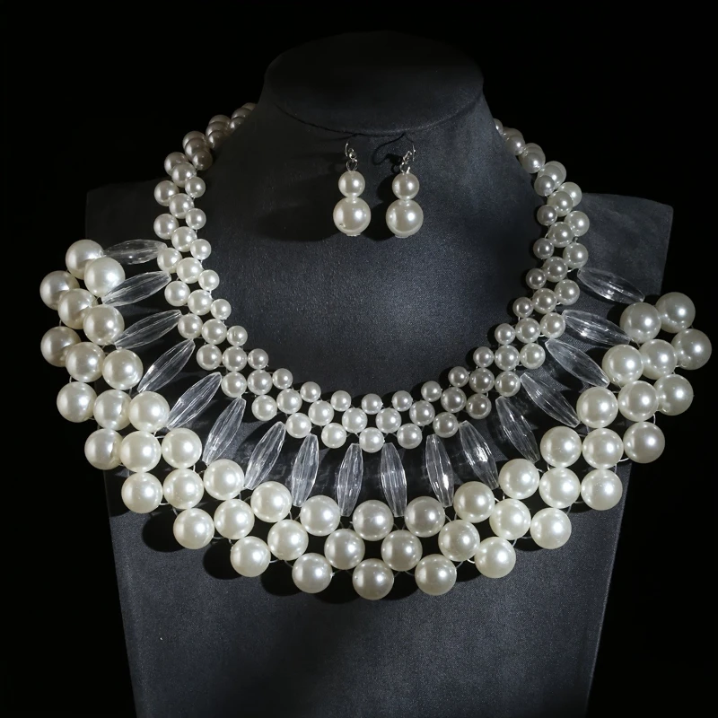 2 Teile/satz Handgemachte Imitation Perle Mehrschichtige Halskette Ohrringe, Frauen Persönlichkeit Übertrieben Design Party Schmuck Geschenke – Detail 3