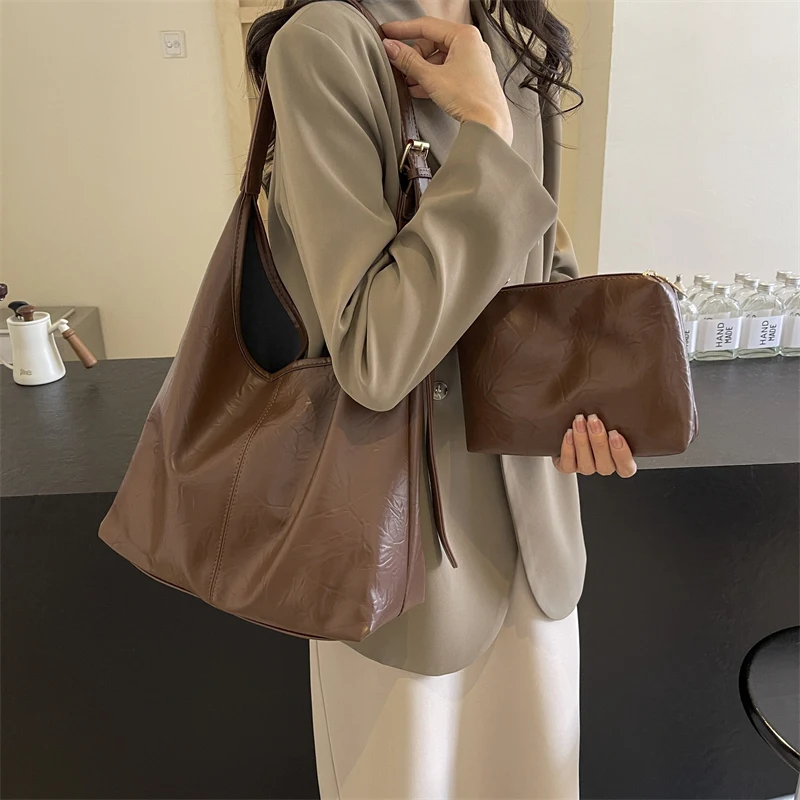 Large Capacity Shoulder Bag Fashion Leather Composite Women Bags Trend Black Silver Ladies Crossbdy Handbag Commuter Bag 2 Set