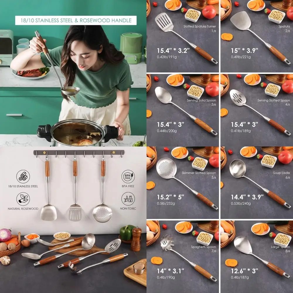 

8-Piece Stainless Steel Kitchen Utensil Set with Wooden Handles - 15 Metal Cooking and Serving Tools