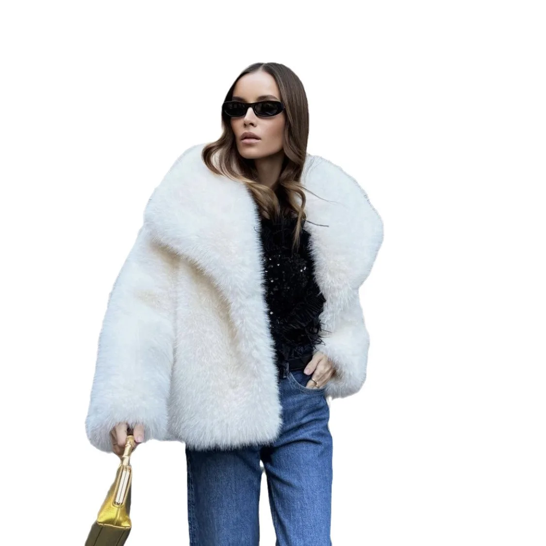 White Lapel Short Faux Fox Fur Coat Women Winter Thick Warm Fluffy Jacket Long Sleeves Artificial Plush Fur Coat Furry Overcoat