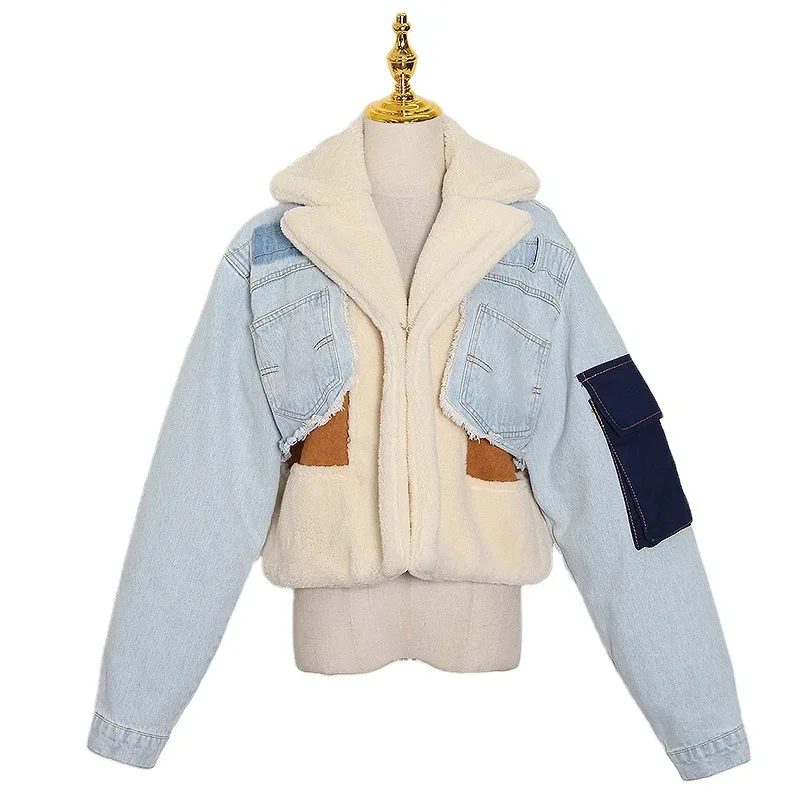 Trendy Denim Fall Winter Coat Women With Fur Thick Ladies  Trim Collar Slim Short Warm Wool Lamb Fur Coat Denim Jacket