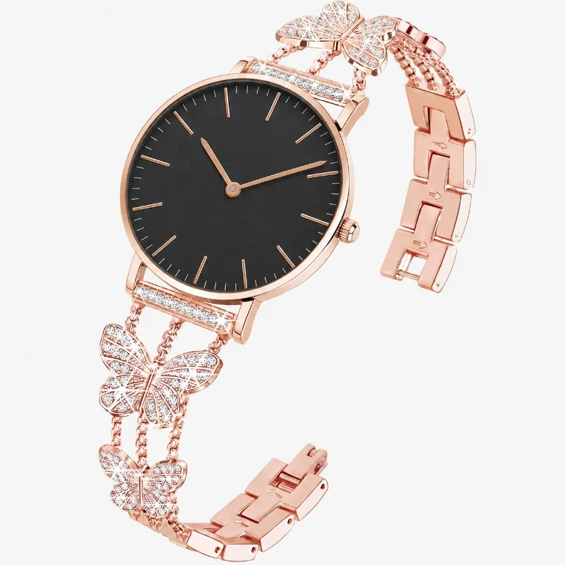 New Fashion Women Watch Minimalist Black Dial Analog Quartz Wristwatches for Woman Bling Diamond Butterfly Bracelet Ladies Watch