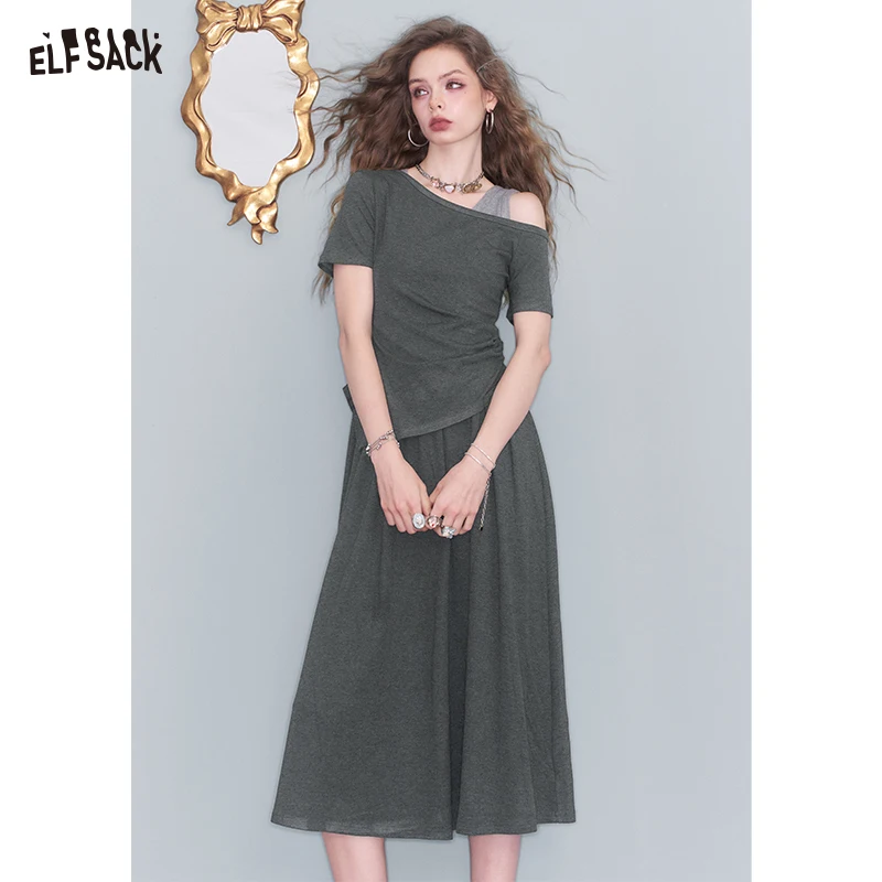

ELFSACK 2025 Summer New Arrival Elegant Cool Irregular Pleated Slim Slant Neck Strapless Women's Long Dress Set