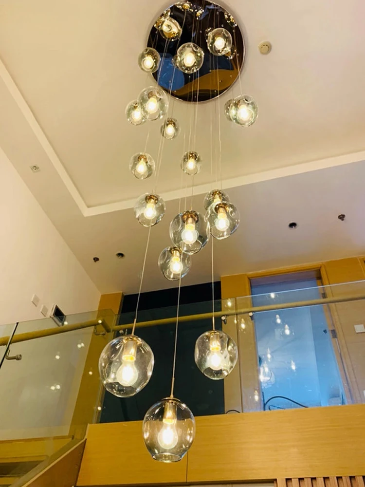 Nordic LED Ceiling Long Chandelier Gradient Blue Glass Ball Chandelier Modern Villa Spiral Staircase Chandelier Free of Shipping