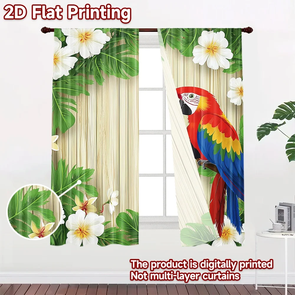 2D flat 2pcs Curtain Home Short Curtains Tropical Parrot and Flowers Digitally printed polyester, colorfast Holiday Decorations