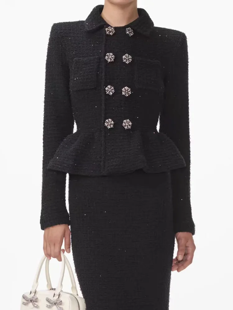 Woman clothingy2k fall and winter double-breasted drill sequins tweed long-sleeved Dresses2024 Slim and thin dresses for prom