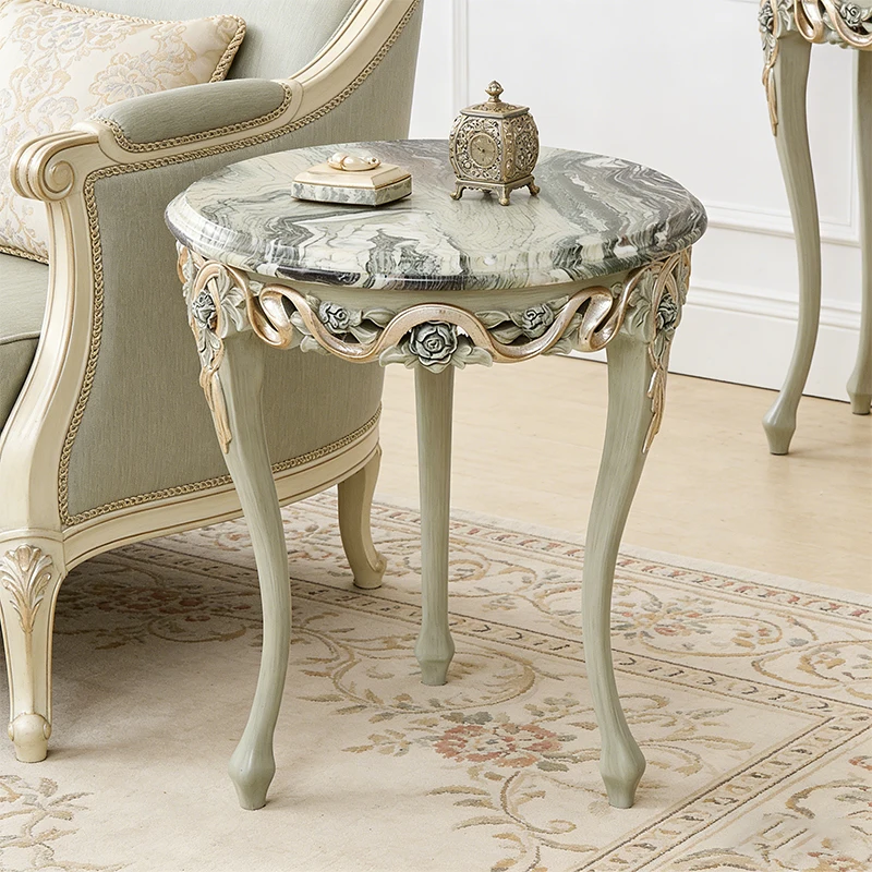 ！@Vintage-Inspired French Home Villa Sofa Wooden Side Table Hand-carved 3D Rose Motifs Natural Marble Side Table for Living Room