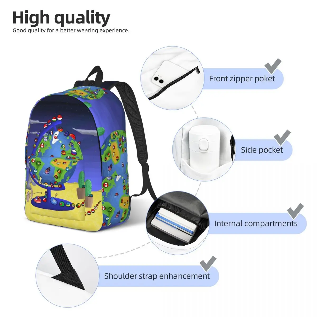 Countryball Cartoon for Teens Student School Bookbag Countries Earth Cute Daypack Elementary High College Lightweight