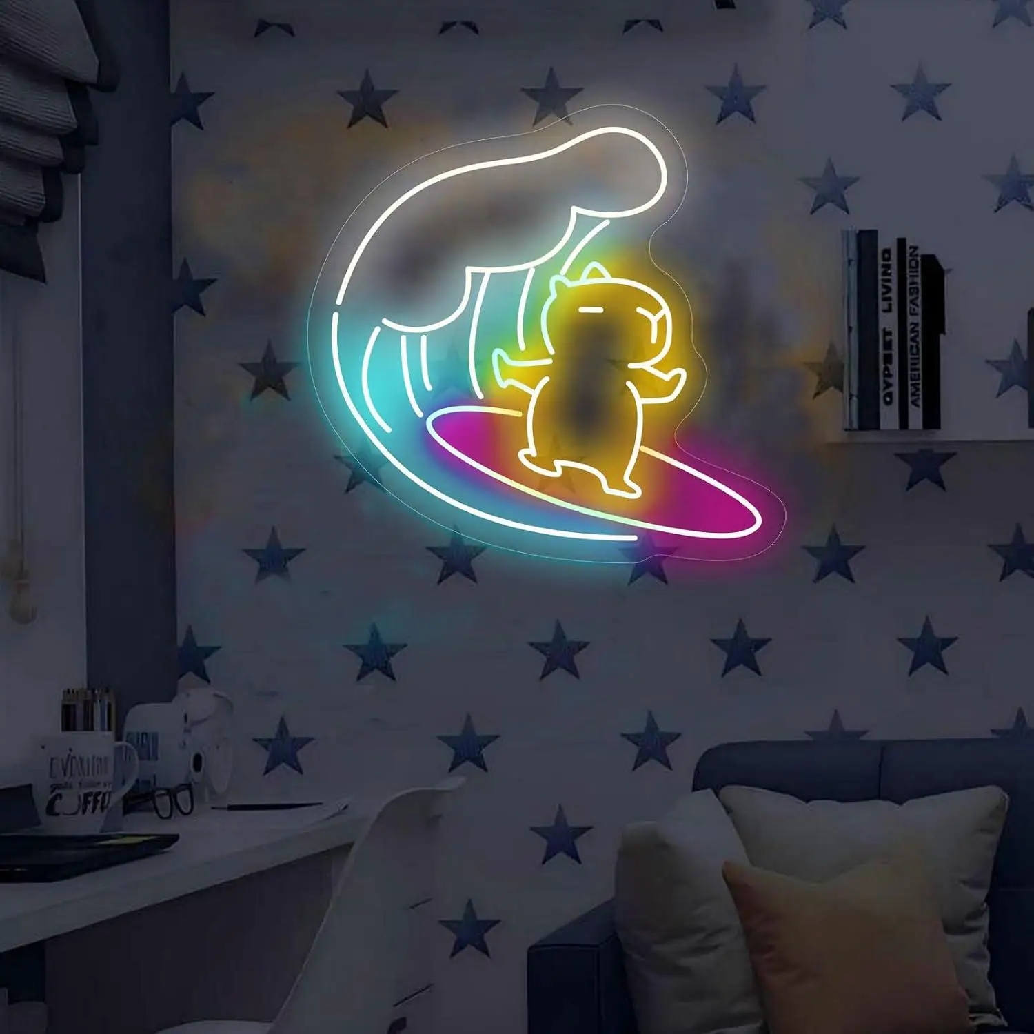 Capybara Surfing Neon Sign Usb Powered Dimmable Cute Animal Neon Light For Children Room Party Birthday Home Wall Decor Art Gift