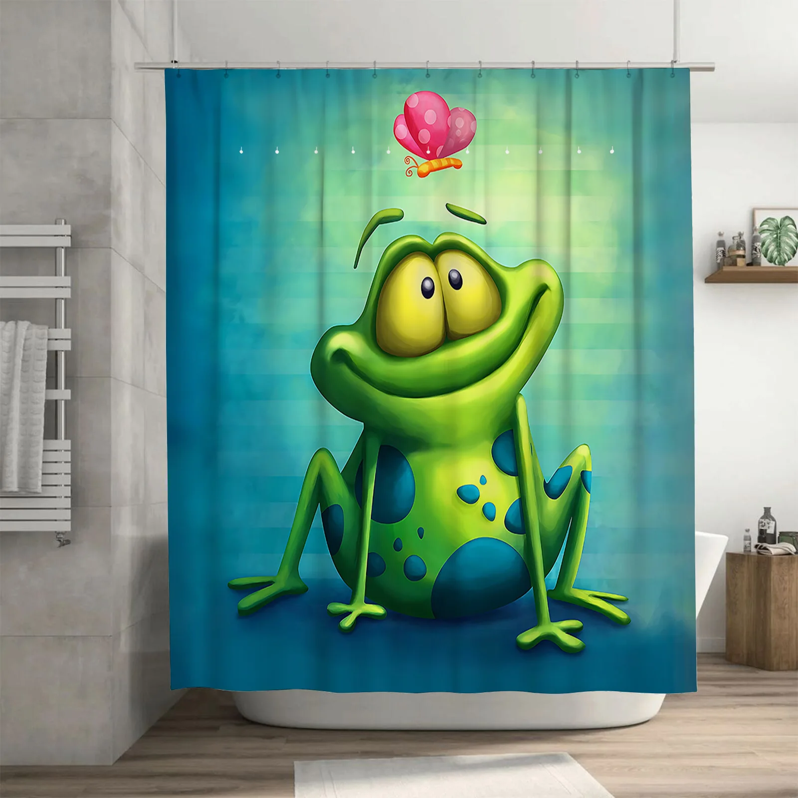 Cartoon Frog Pattern Waterproof Mold-proof Shower Curtain Cute Creative Bathroom Accessory for Home Use with  Complimentary hook