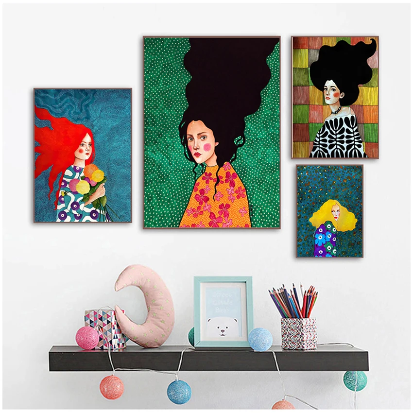 Nordic Poster Wall Pictures For Living Room Unframed Vintage Abstract Girl Hair Flower Women Wall Art Canvas Painting Fashion