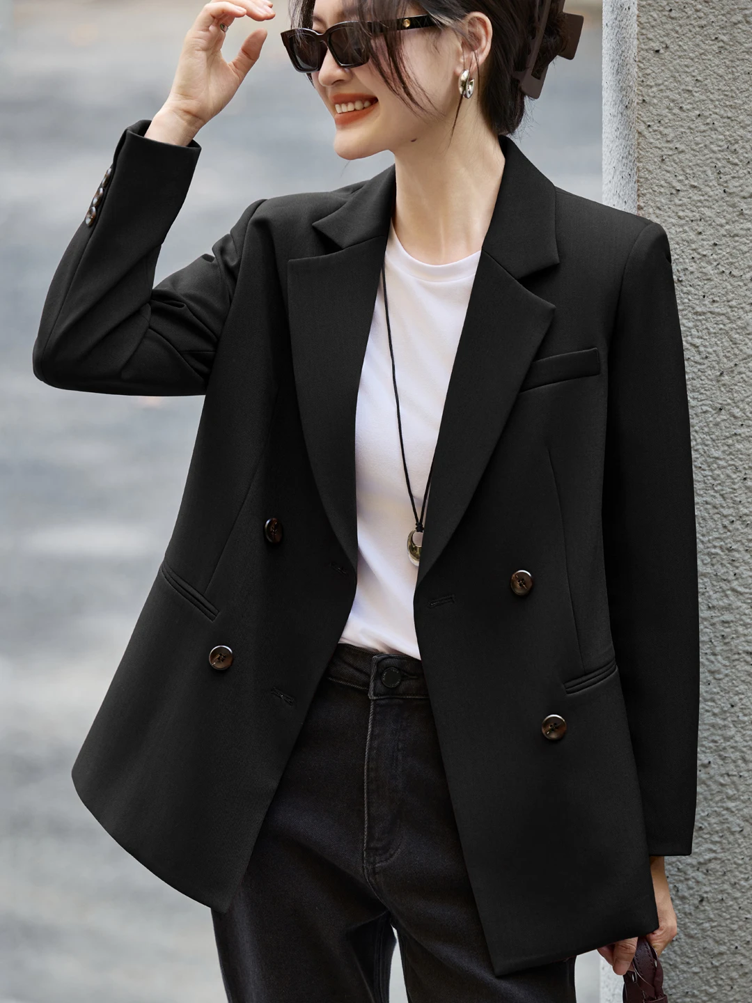 Black Double-Breasted Casual Style Women's Suit Jacket Autumn New Korean Version High-Quality Short Size Fashionable