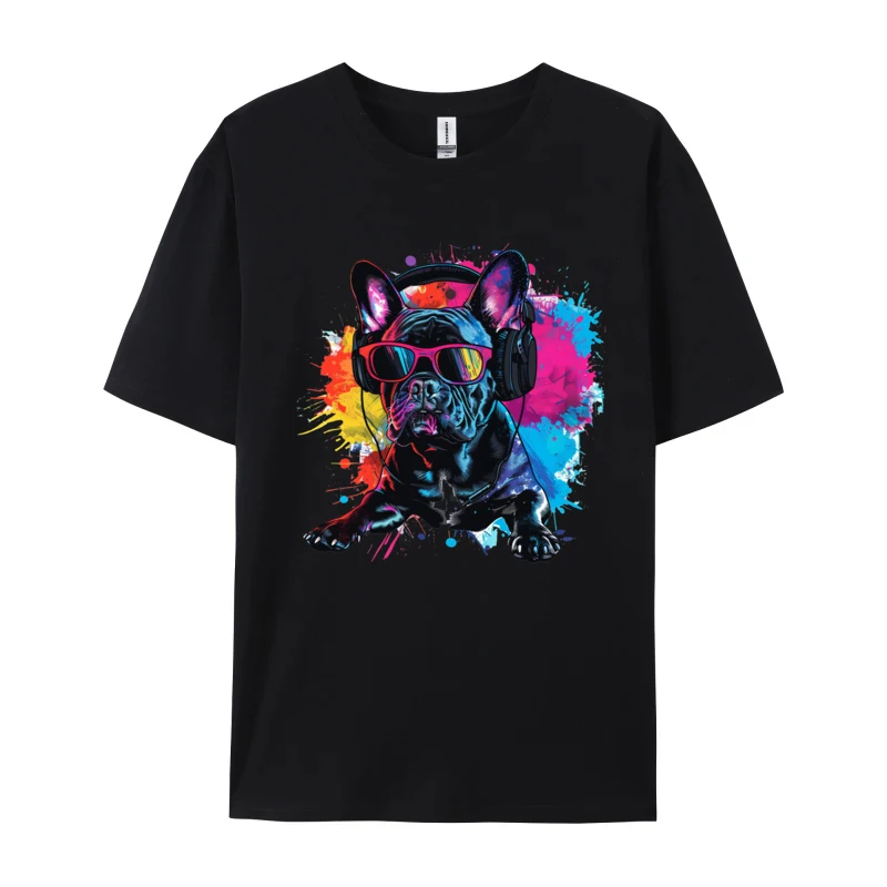 French Bulldog Headphones Art T-shirts Normal Loose Tops & Tees Mens Cute Oversized T Shirt Mens Clothing 2024