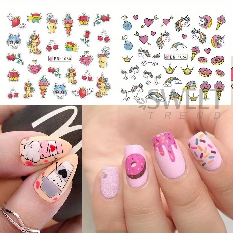 12 stuks Eenhoorn Nagel Water Stickers Roze Paard Zoete Liefde Ijs Donut Transfer Sliders Regenboog Dopamine Ontwerp Manicure Folie