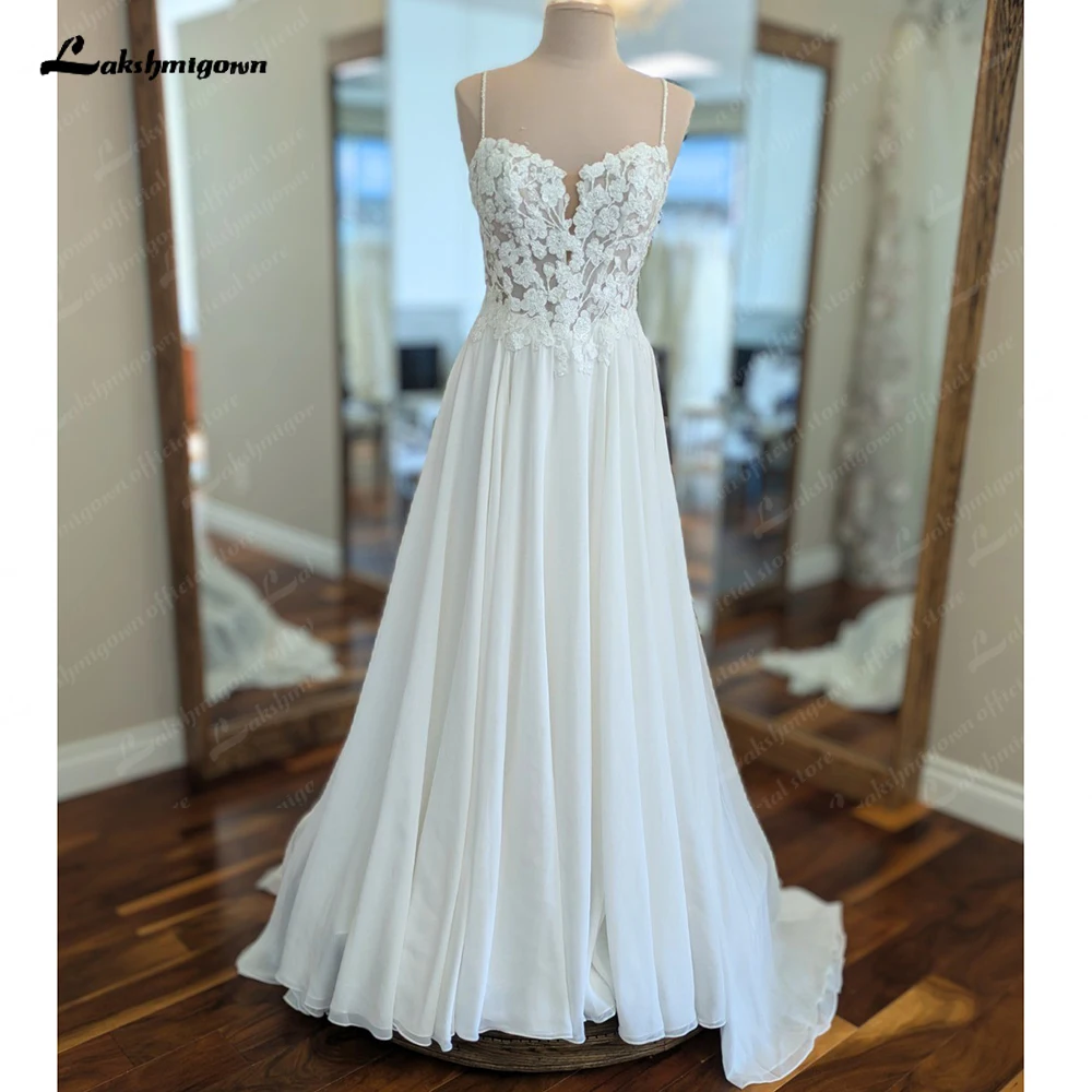 Lakshmigown A Line Chiffon Beach Wedding Dresses Spaghetti Straps 2025 Vestidos Boho Bridal Gowns Beading Customized