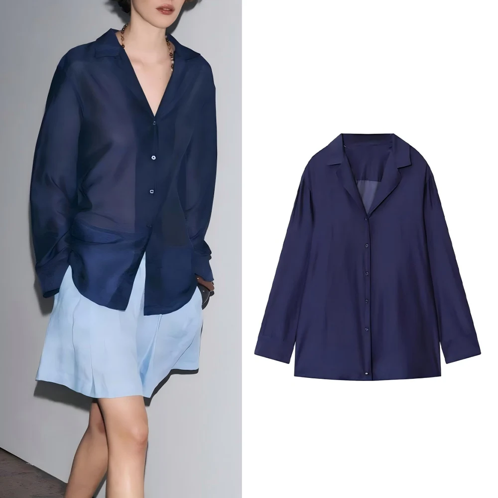 

Women's new fashion comfortable solid loose series silk shirt retro long sleeved Button-up women's shirt chic top
