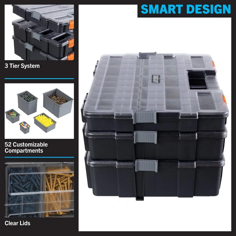 

Tool Box Organizer - 3-in-1 Portable Parts Organizer with 52 Customizable Compartments to Store Hardware, Craft Supplies