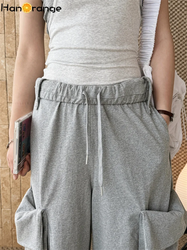 HanOrange 2026 Summer Elastic Waistband Large Pocket Rolled Edge Sweatpants Women Loose Knee Length Cargo Pants Light Gray/Blue
