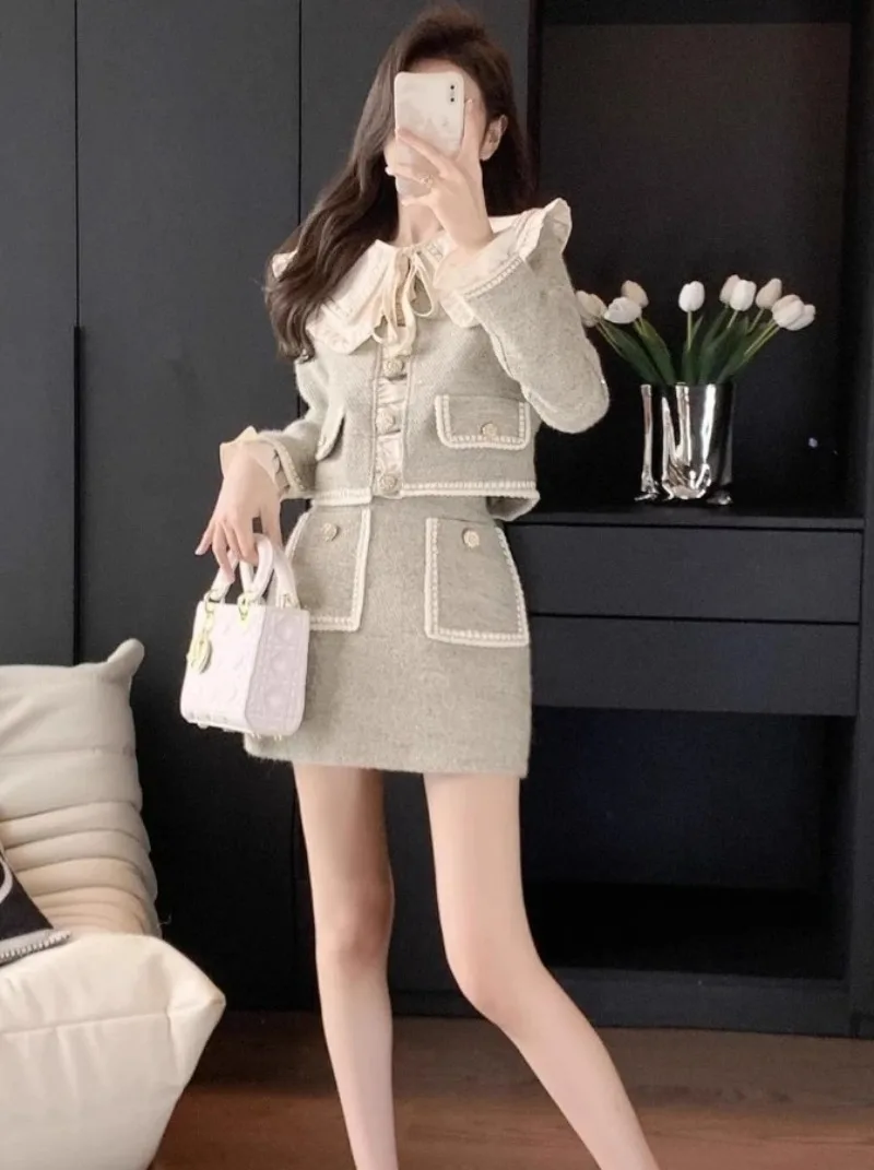 French Retro O-neck Coat Skirt Two-piece Set Women Fashion Flounce Splice Hollow Out Sweet Temperament Slim Celebrity Chic Suit